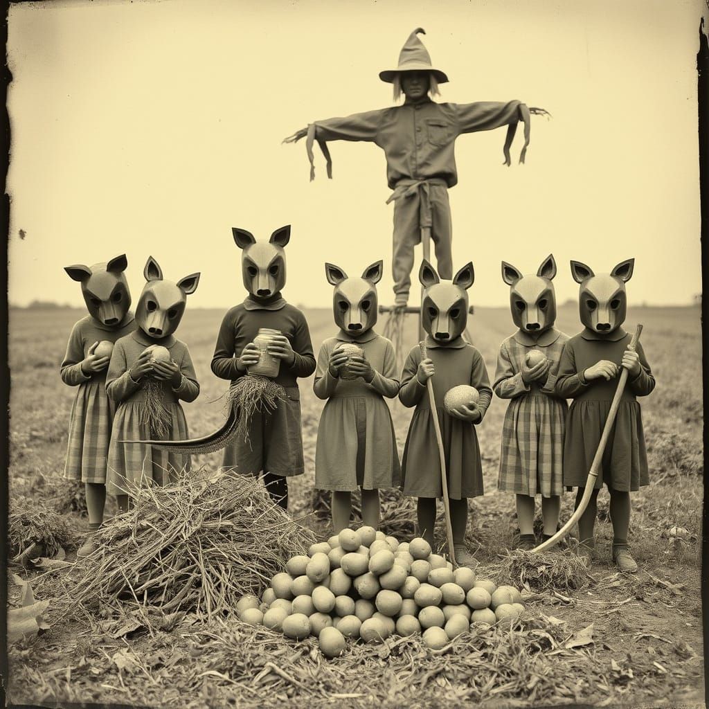 Creepy Children in Sepia Monochrome Field