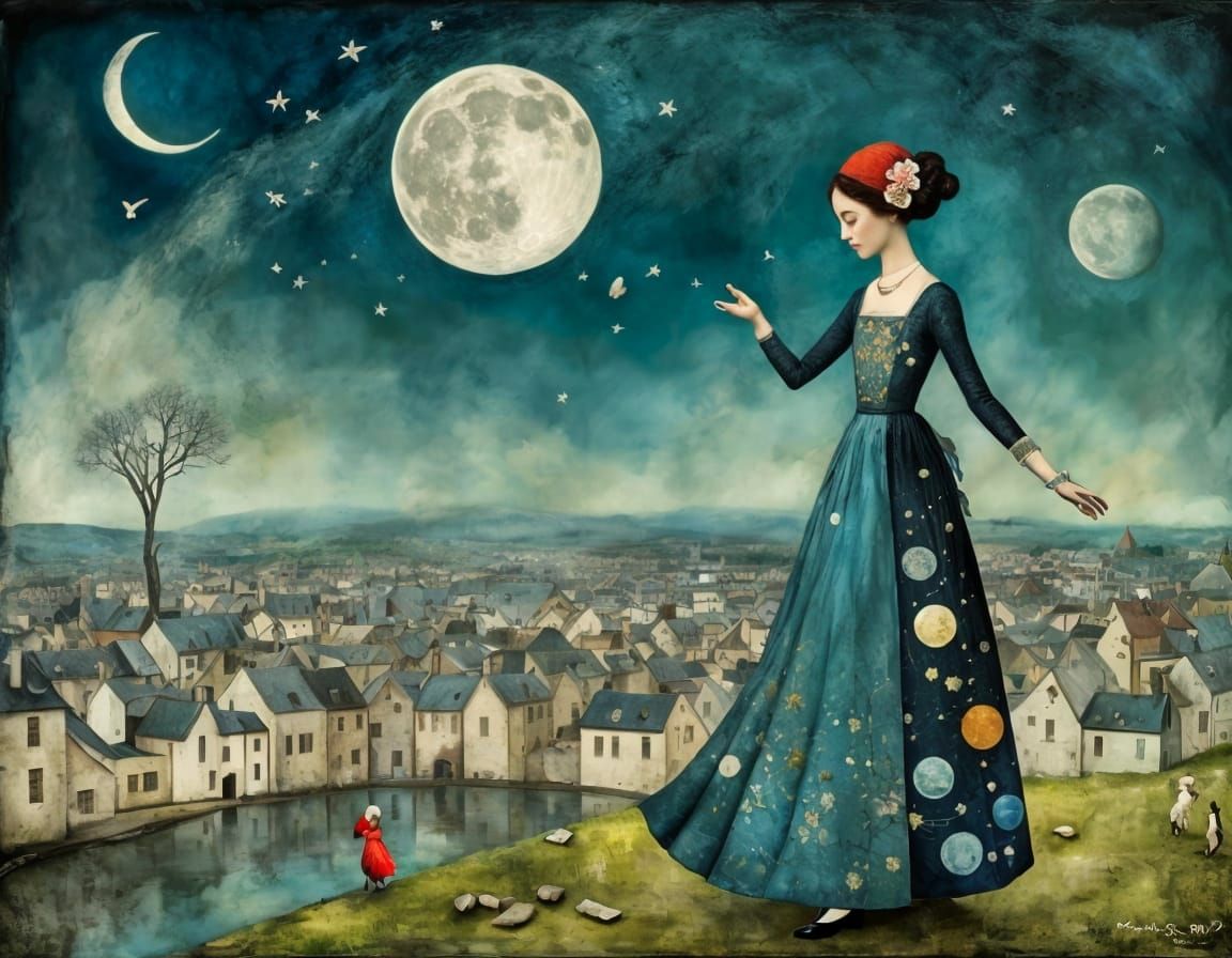 Whimsical Woman Ascends to the Moon