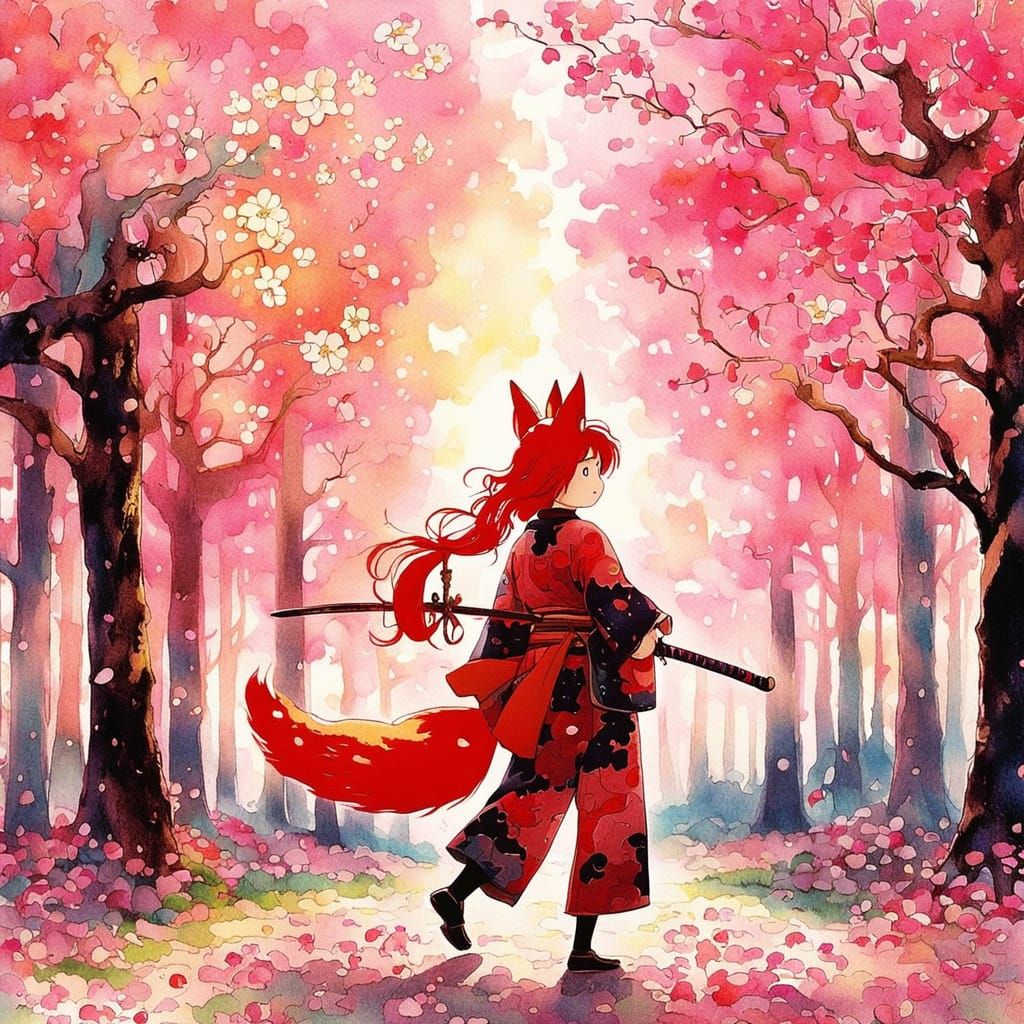 Red-Haired Fox Samurai in Cherry Blossom Field