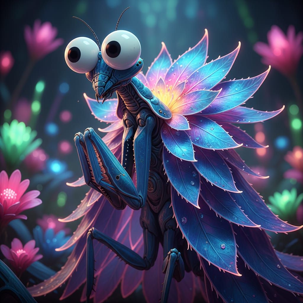 Blue Orchid Mantis Portrait with Googly Eyes in Cinematic St...