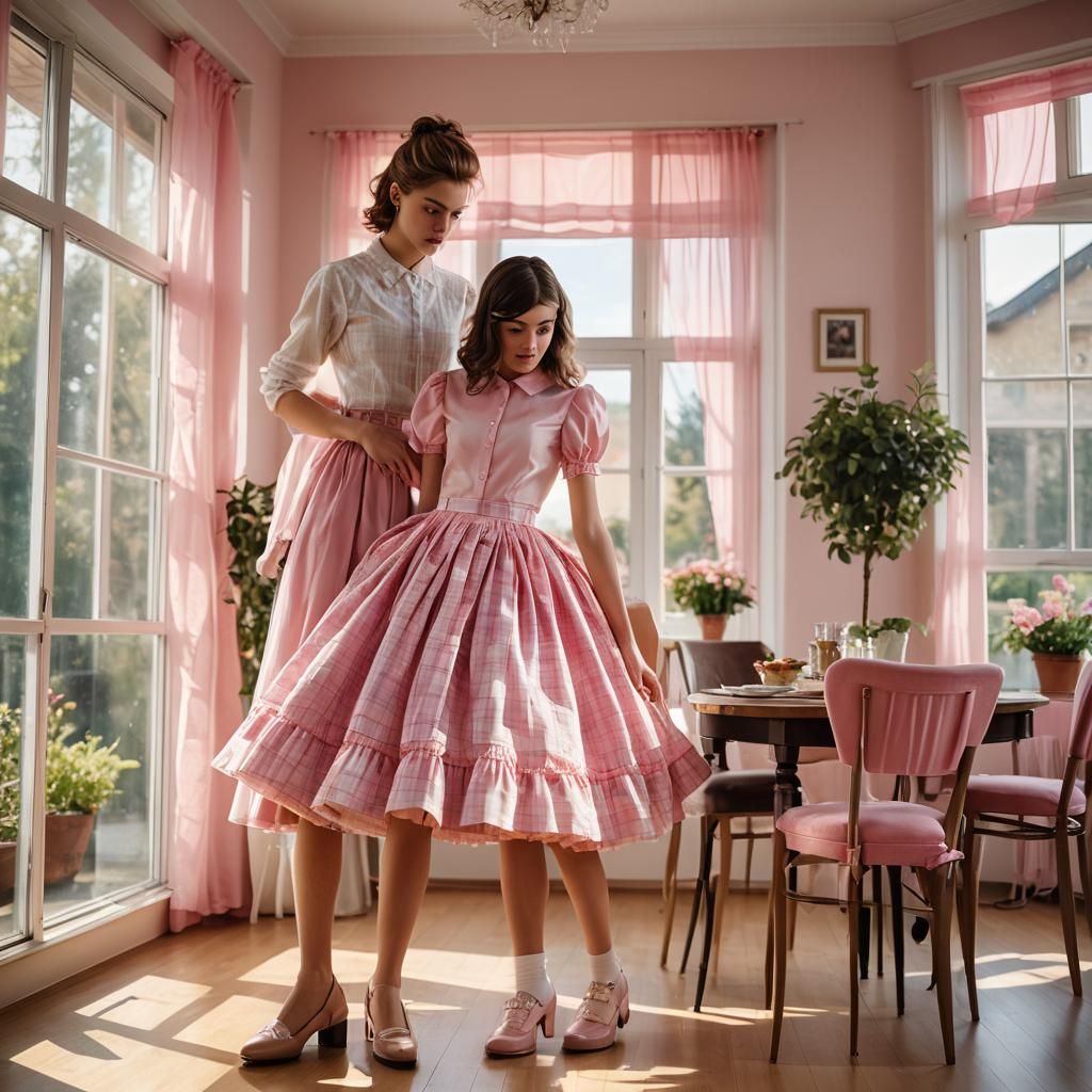 Fashion Photo: Girl Checks Boy's Pink Plaid Dress