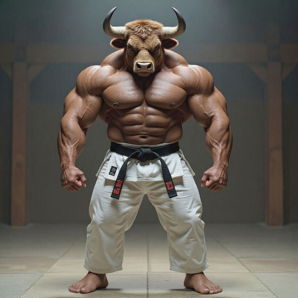 Muscular Bull-Man Judo Champion: Cinematic Film Still