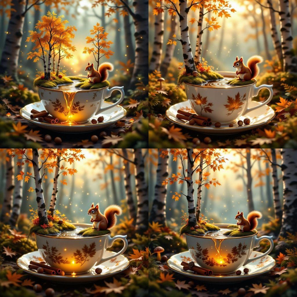 Enchanting Teacup Forest with Autumn Glow and Squirrel