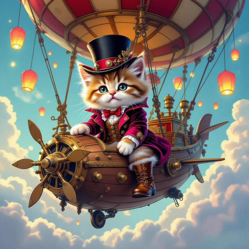 Steampunk Kitten Airship Adventure with Paper Lanterns