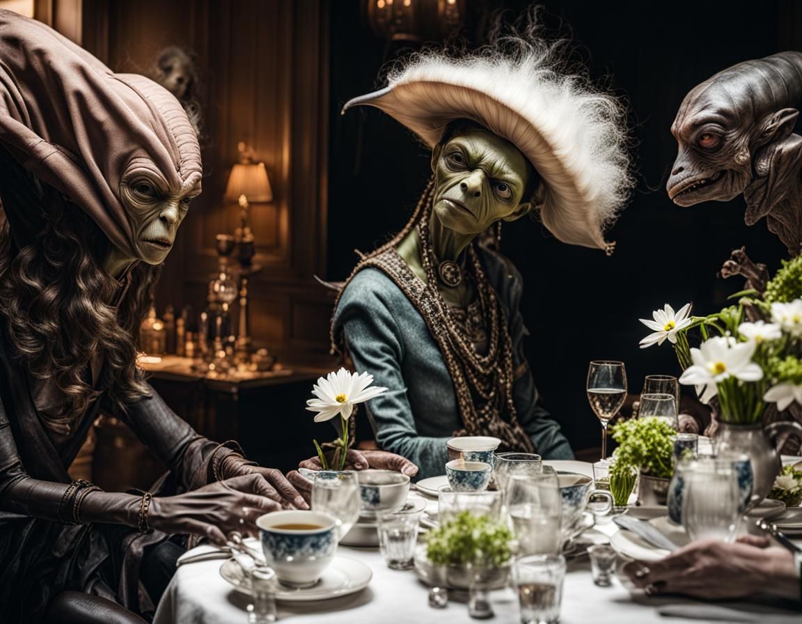 Surreal Alien Celebration in Gritty Restaurant