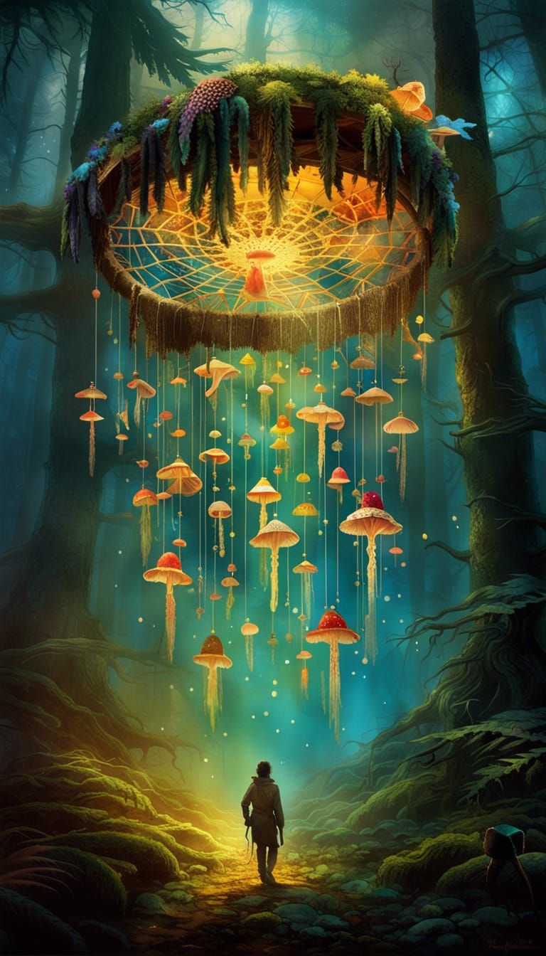 Dreamcatcher Forest with Flying Spirits: Digital Art