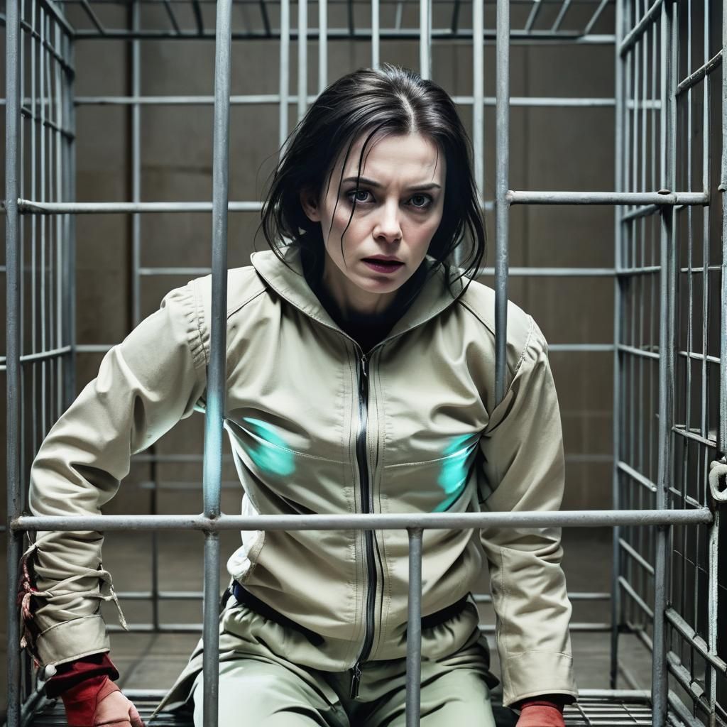 Woman in a straightjacket in a cage
