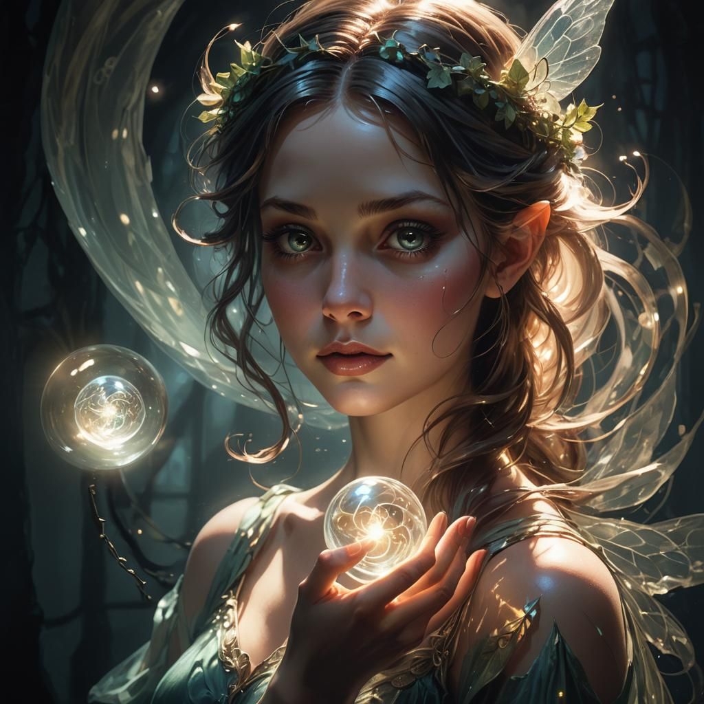 Magical Fairy Emerges From Shadows Holding Orb