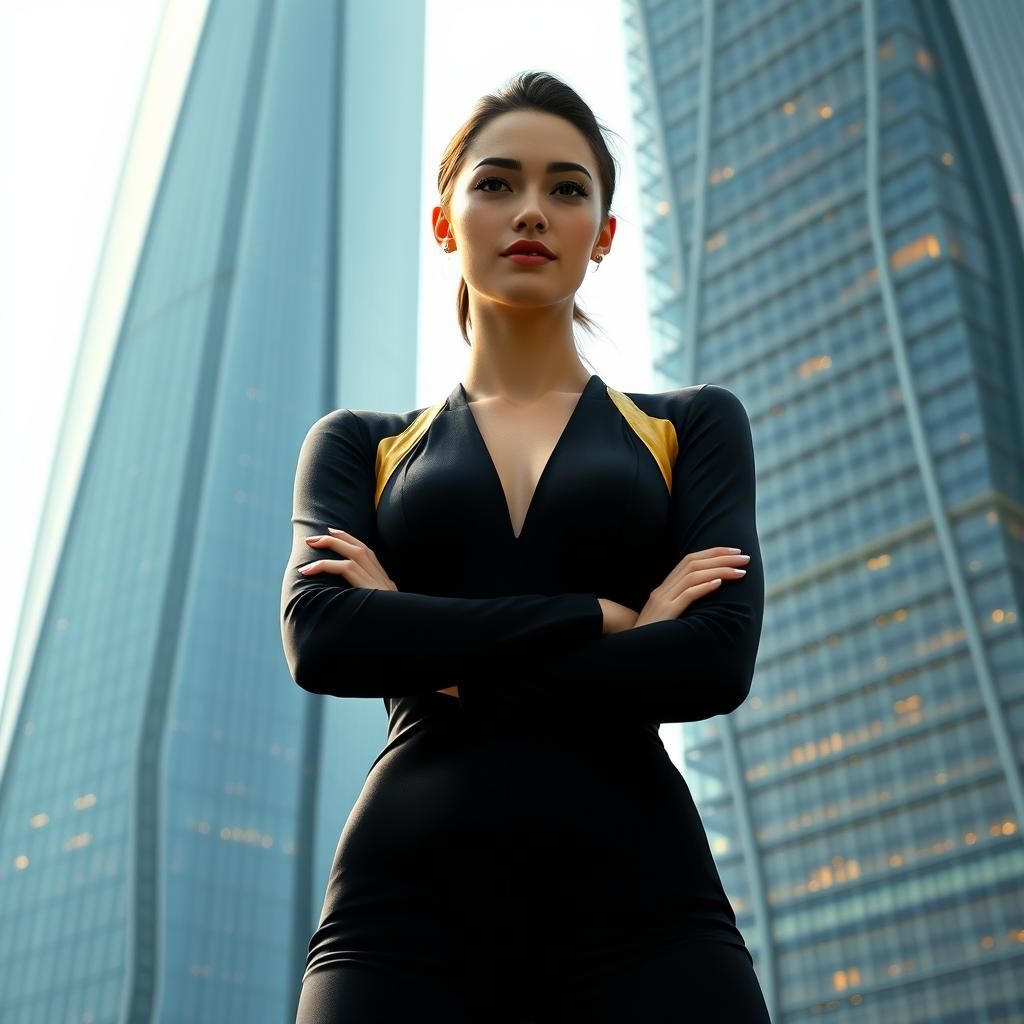 Confident Woman in Futuristic Cityscape, Photorealistic Digi...