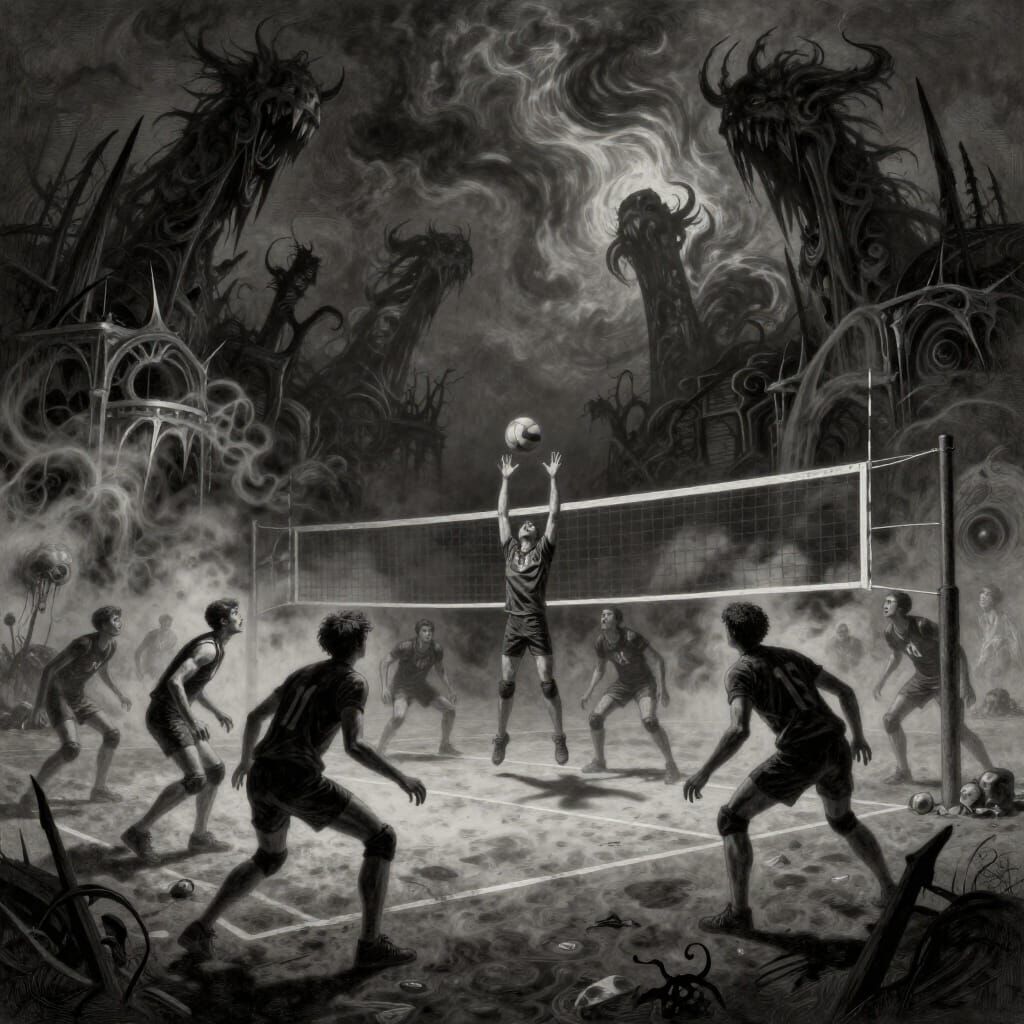 Volleyball Game in Surreal, Dark Landscape