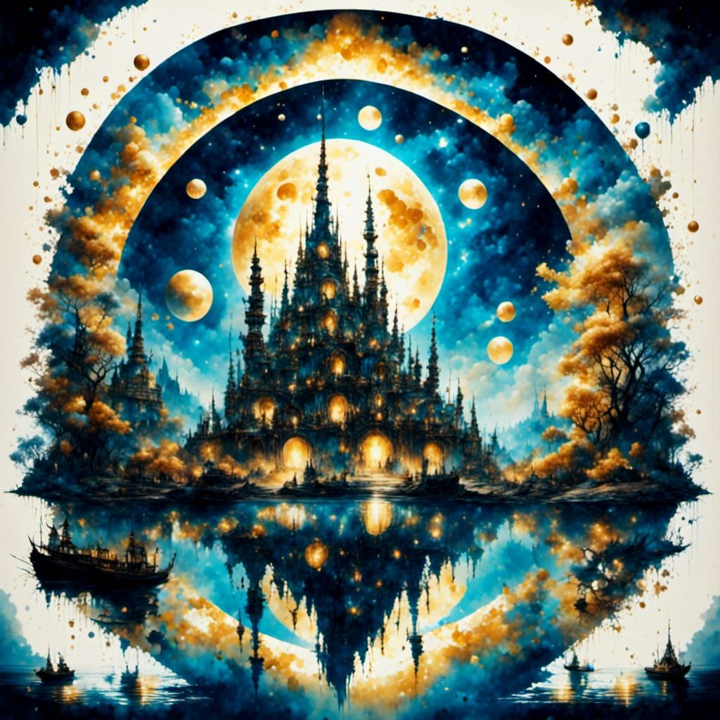 Full Moon Reflected: Digital Pop Art Landscape