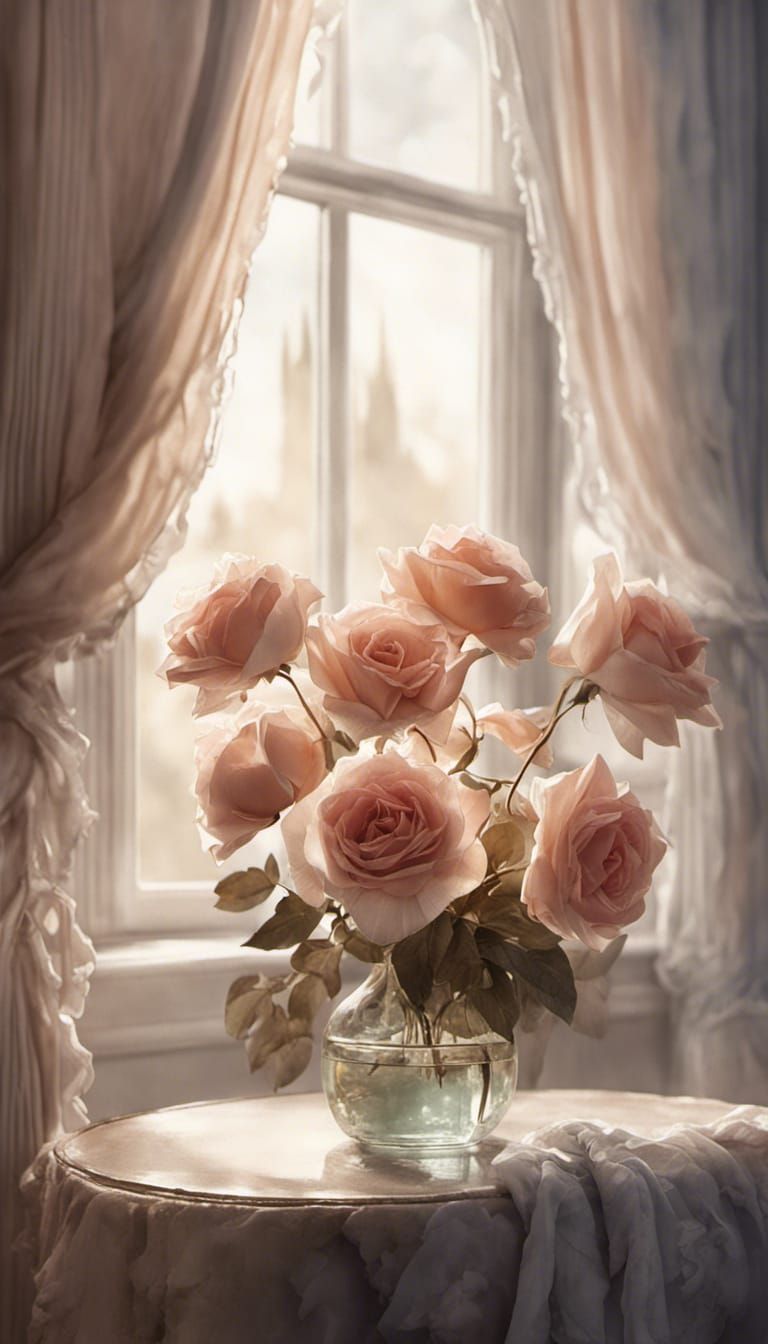 Victorian Vanity with Roses as Watercolor Ink Poster Art