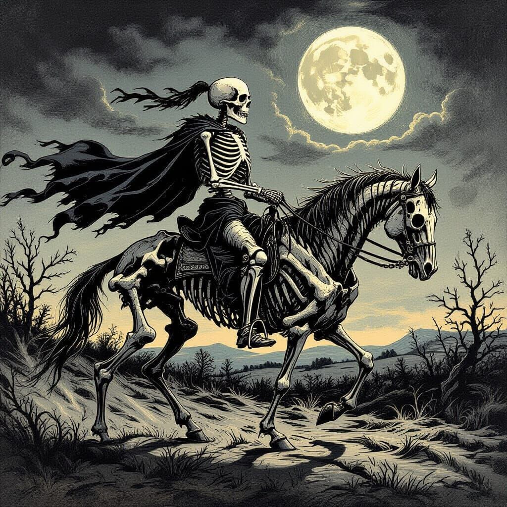 Skeleton Knight Rides Rotting Horse in Gothic Style