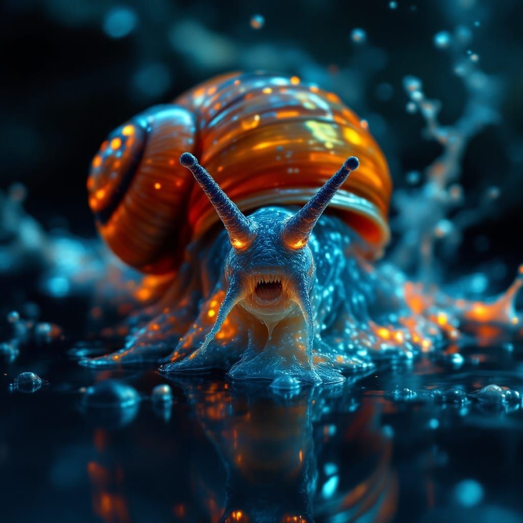 Glowing, Iridescent Snail Hybrid in Dark, Ominous Liquid