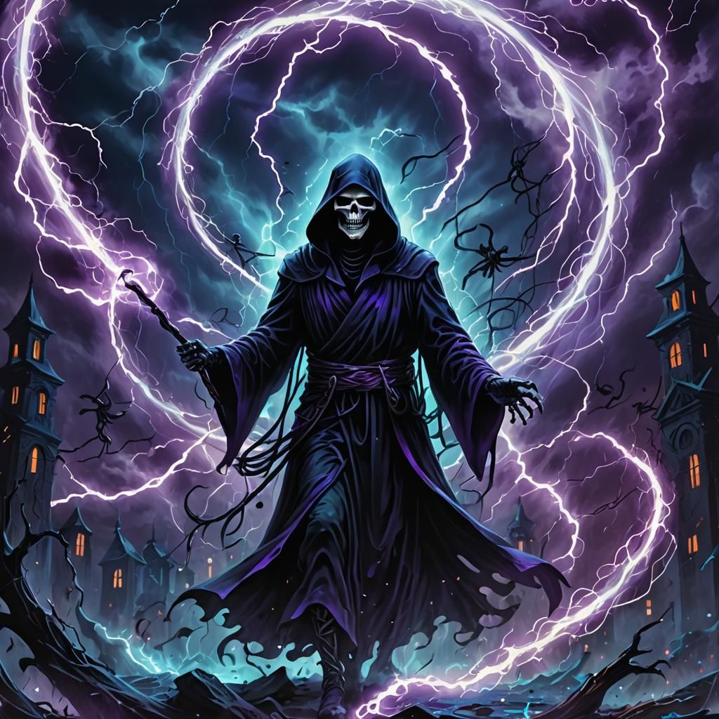 Grim Reaper Leads Souls in Electric Dark Fantasy