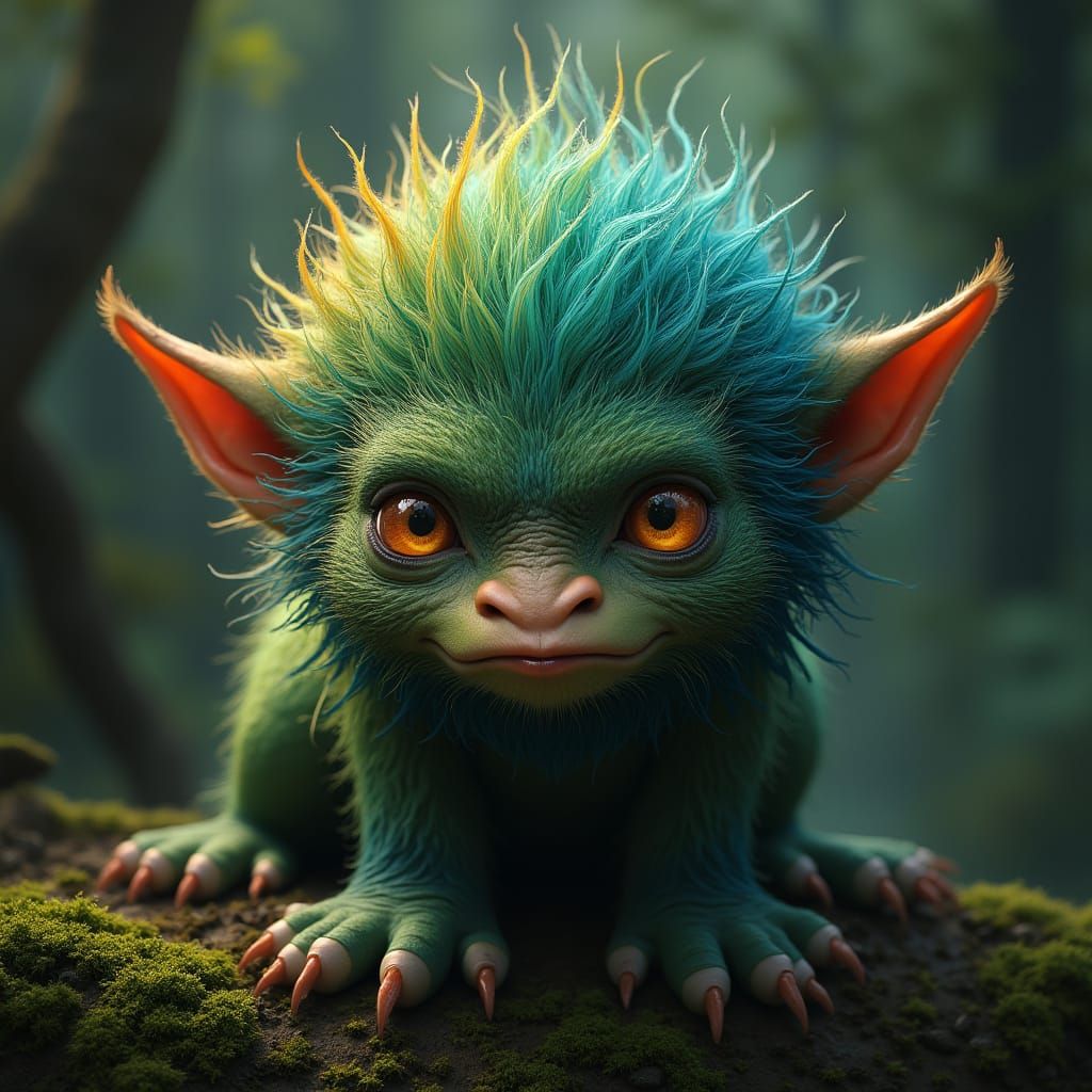 Majestic Troll with Emerald Peacock Hair in Tropical Rainfor...