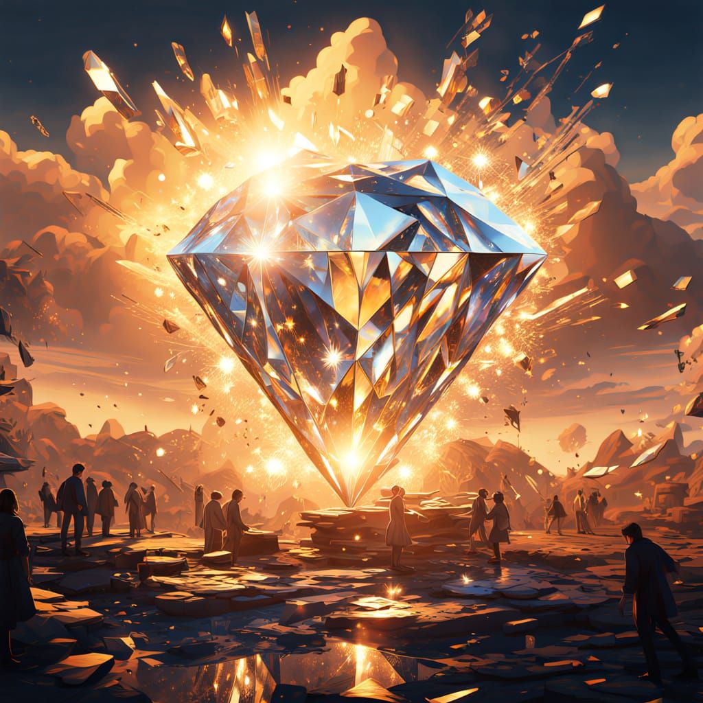 Gigantic Diamond Explodes in a Whimsical, Futuristic Scene