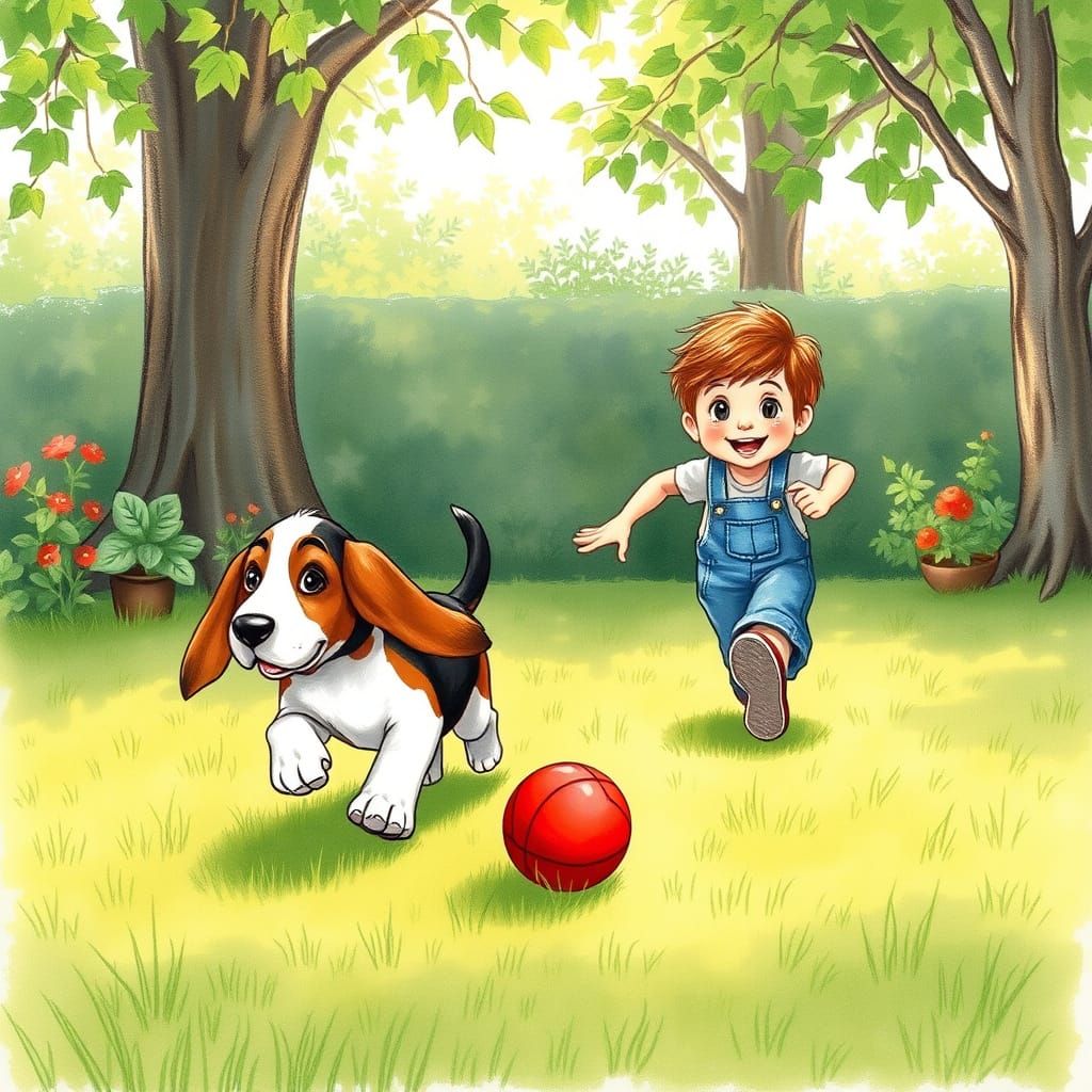 Basset Hound Puppy Plays Ball With Boy in Garden