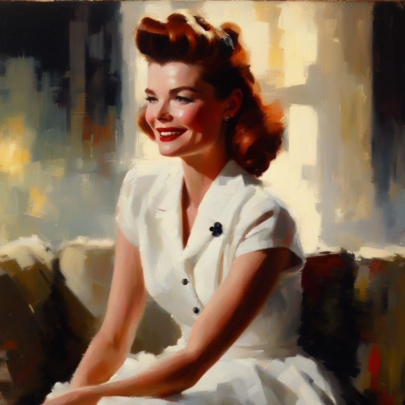 Retro Housewife Relaxing in Impressionistic Oil Painting