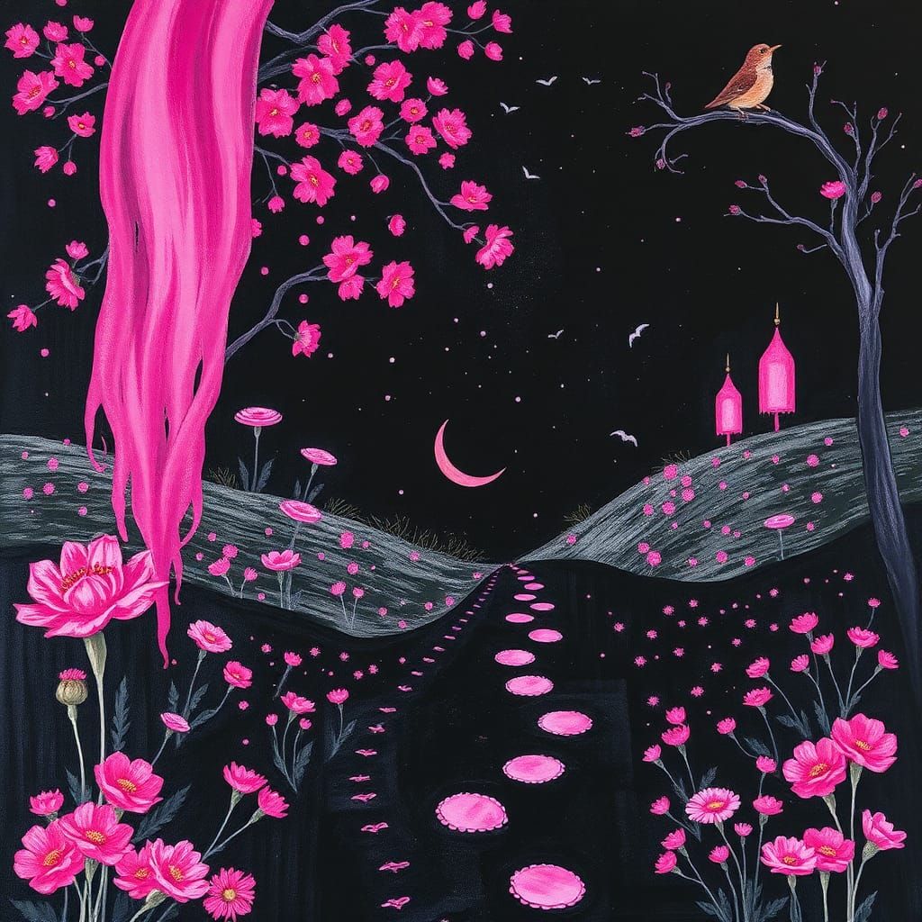 Black and Magenta Fairy Land Gouache Painting