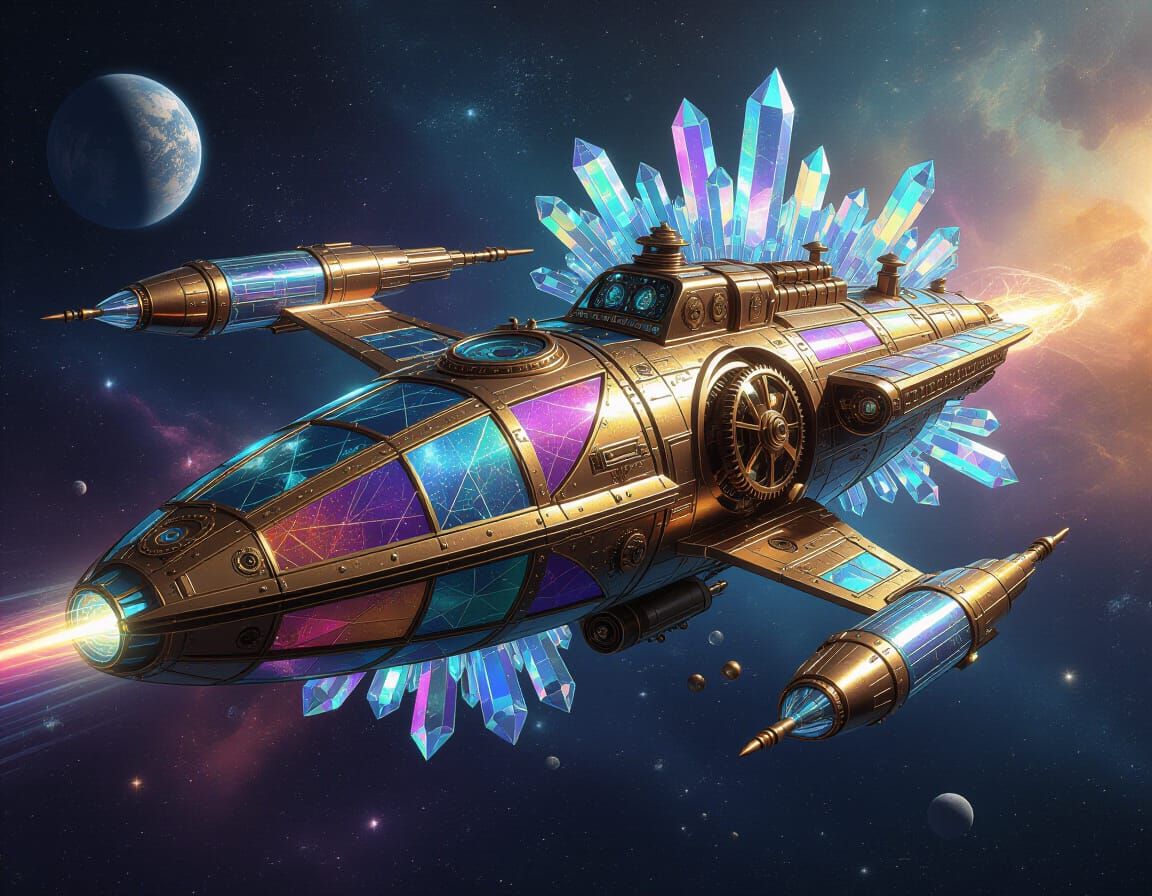 Steampunk Starship in Cosmic Iridescence