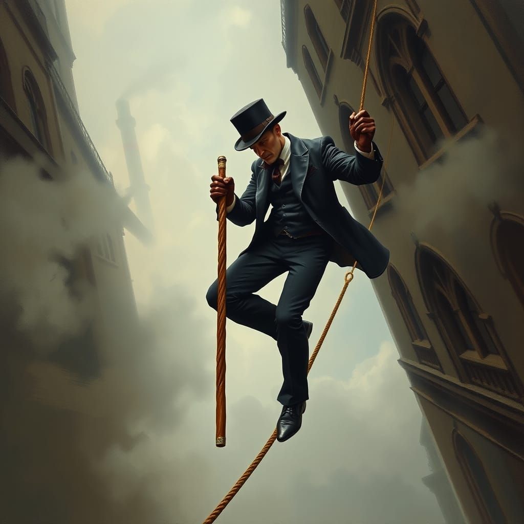 Daring Victorian Acrobat on a Suspended Rope