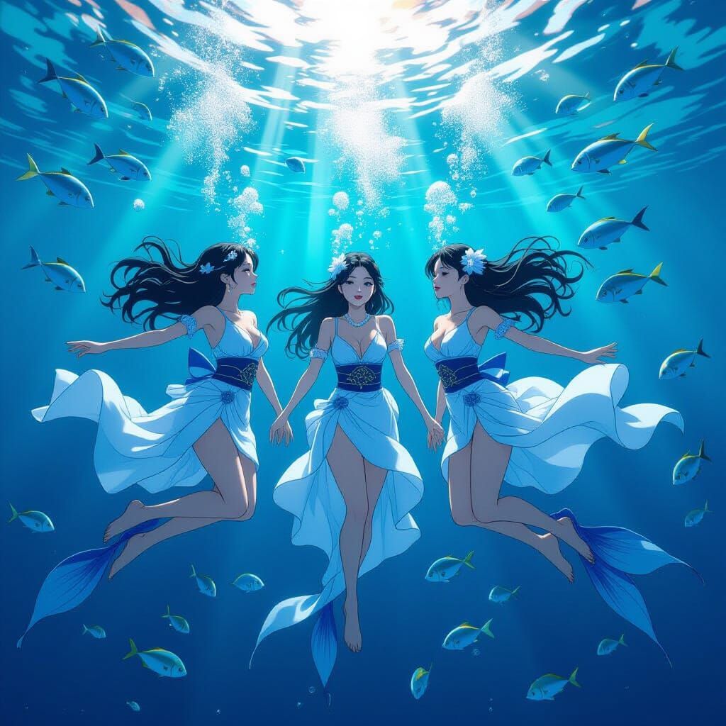 Elegant Japanese Pearl Divers in Dynamic Underwater Anime Sc...