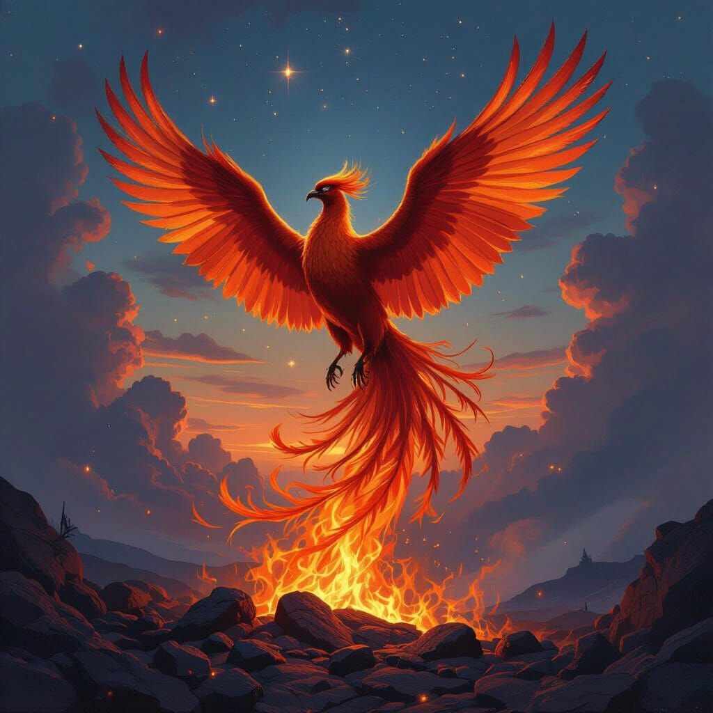 Phoenix Rising: Classical Oil Painting of Fire and Twilight
