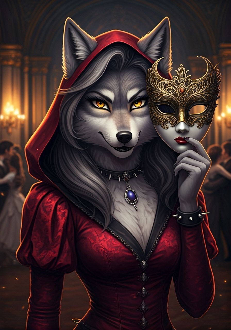 Anthrp Wolf Woman in Masquerade Mask and Velvet Dress