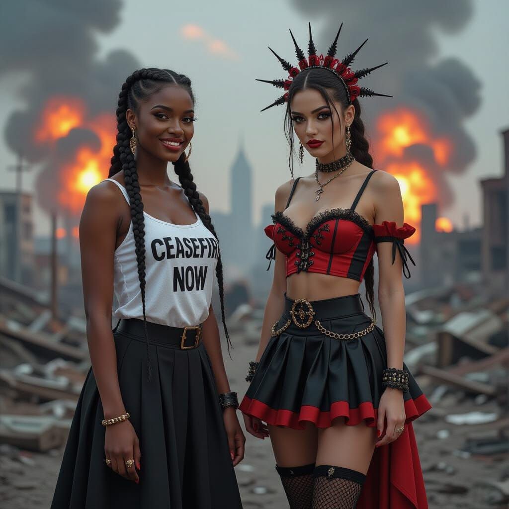 Gothic Women in Destroyed City, Photorealistic Style