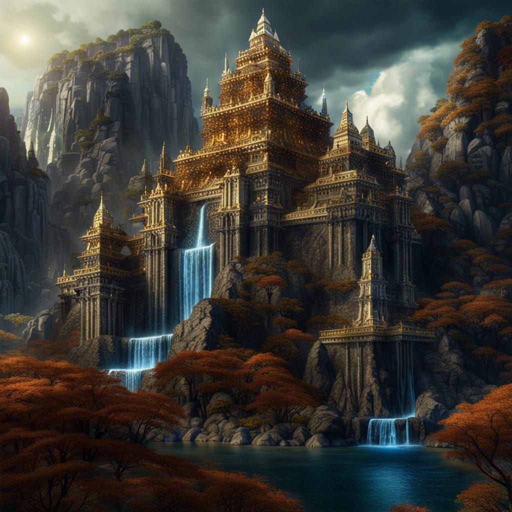 Lemurian Temple with Gold Rivers, Detailed Matte Painting