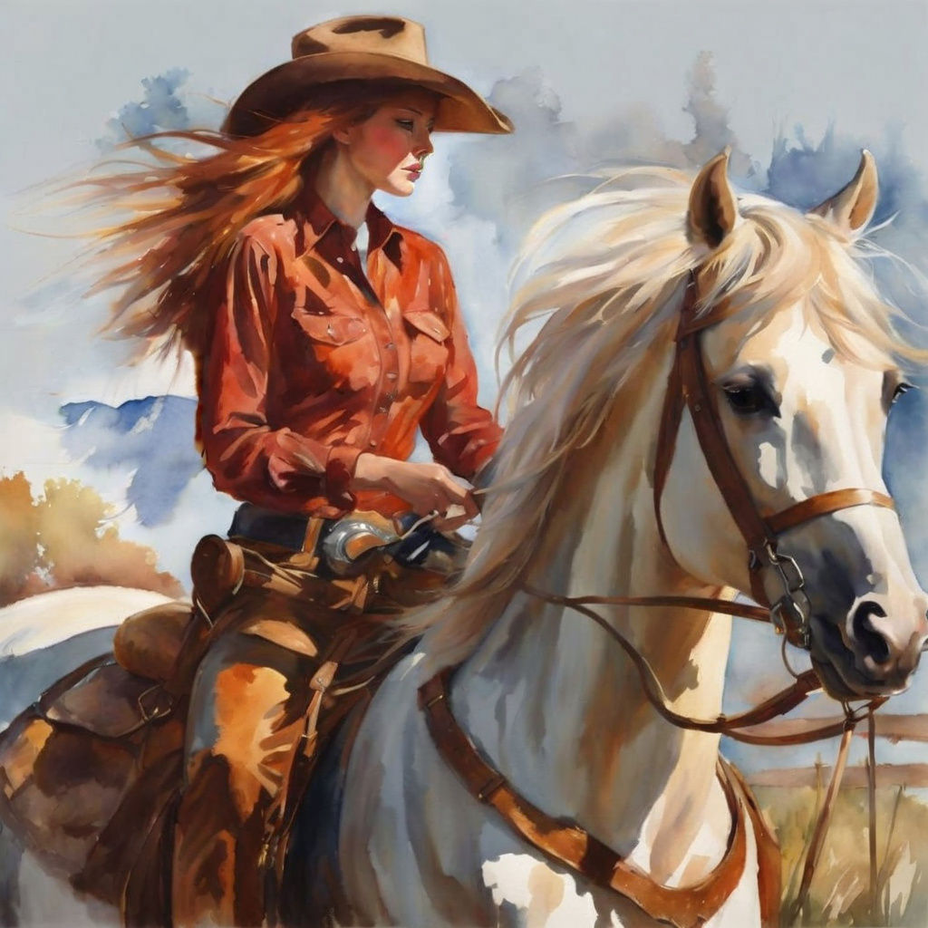 Elegant Lady Rides Horse in Impressionist Watercolor