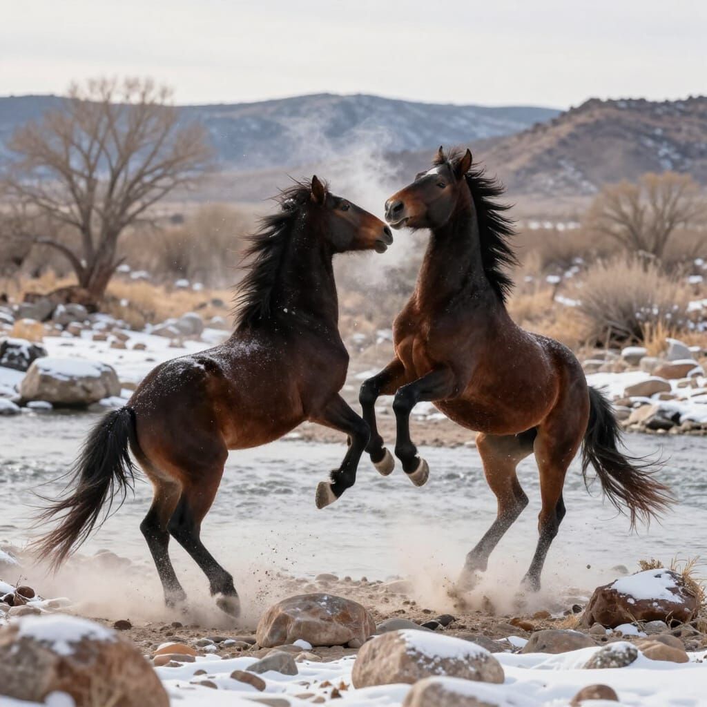 Wild Horses Playfully Kick Snow in Arizona Winter Desert