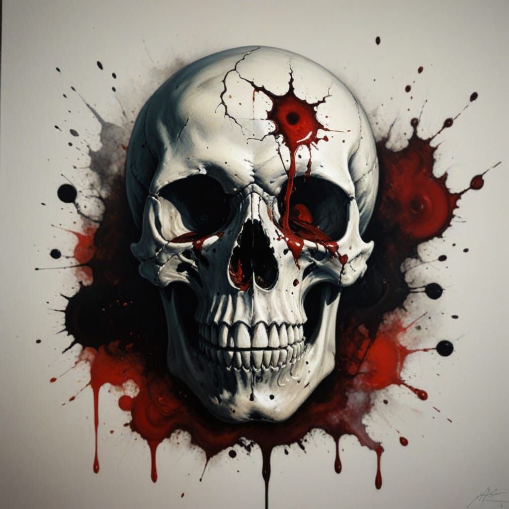 Decaying Skull with Blood Red Eyes in Gritty Ink