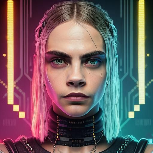 Cara Delevingne Pixel-Art Portrait in Cyberpunk Style
