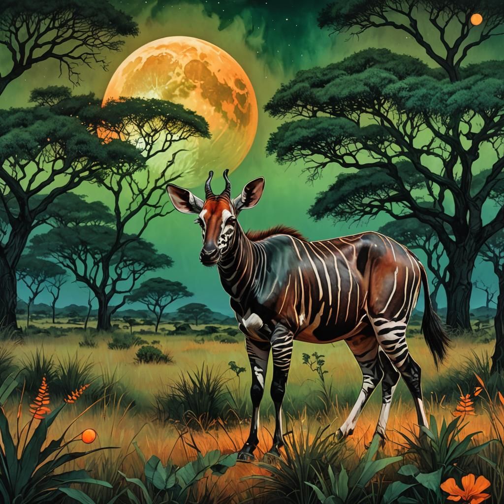 Okapi Grazing Under Orange Moon, Magic Realism