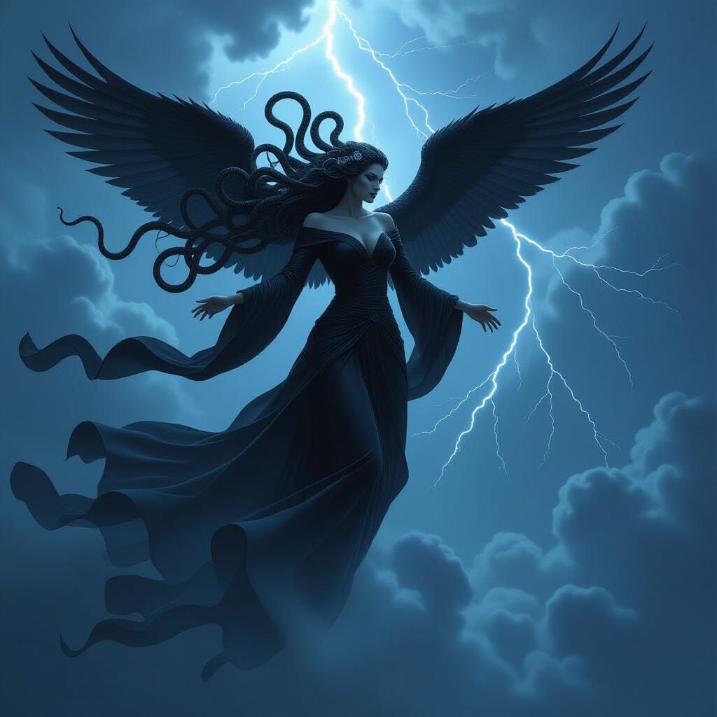 Winged Gorgon Soaring Through Stormy Night