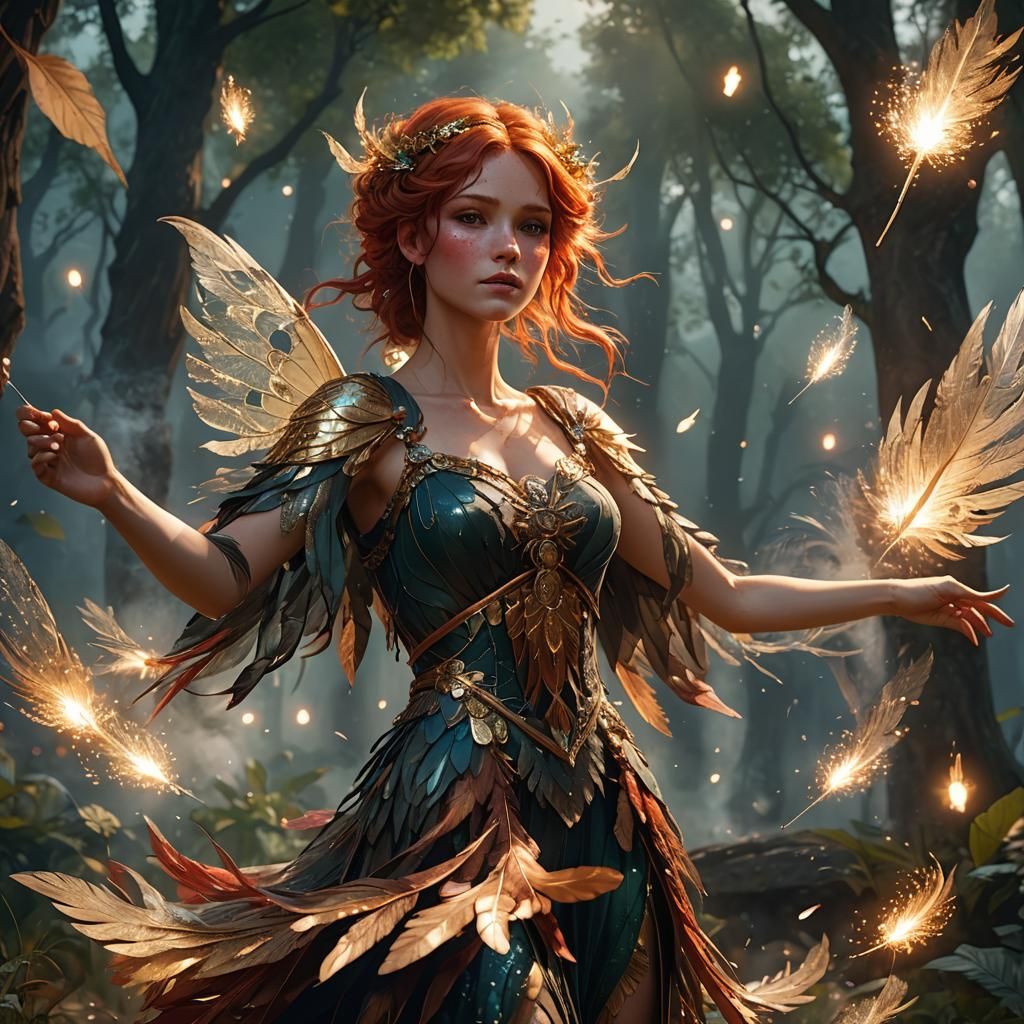 Red-Haired Fairy in Nature, Art Nouveau Style