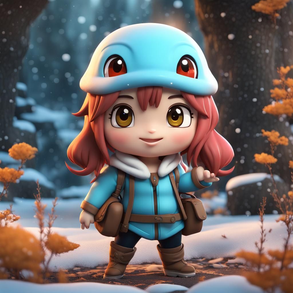 Chibi Girl Squirtle Hybrid in Winter, 3D Render