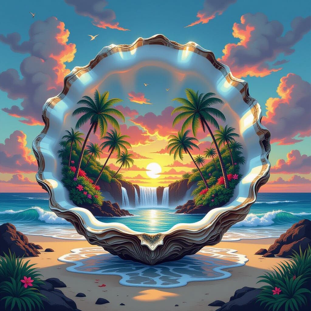 Tropical Paradise Inside Giant Oyster Shell