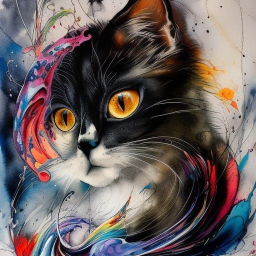 Colorful Cat: Detailed Gouache and Watercolor Art