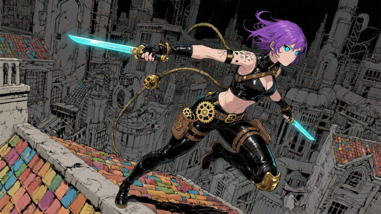 Steampunk Rogue Leaps Across Cityscape in Pen and Ink Style