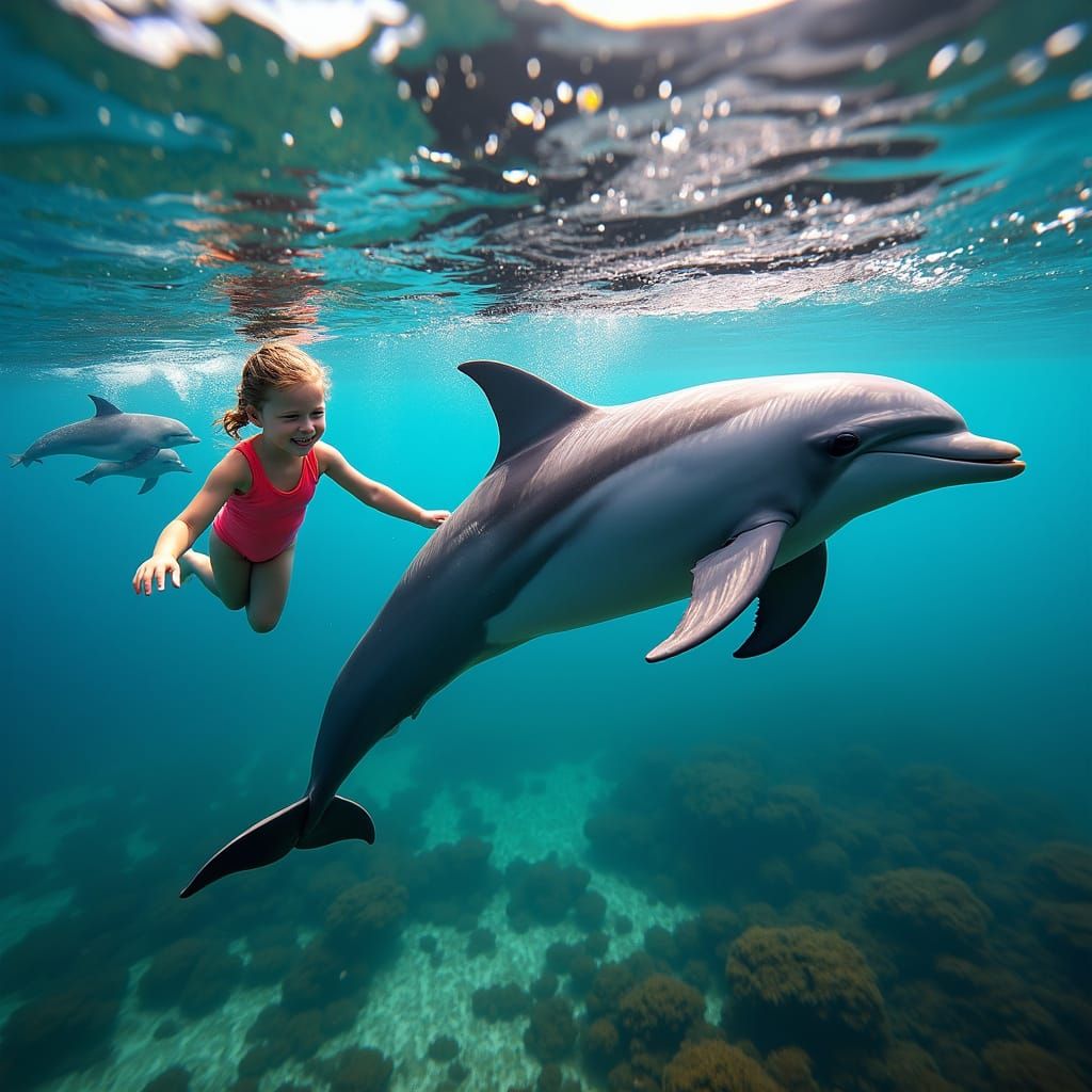 Child Swims with Dolphins in Sunlit Ocean