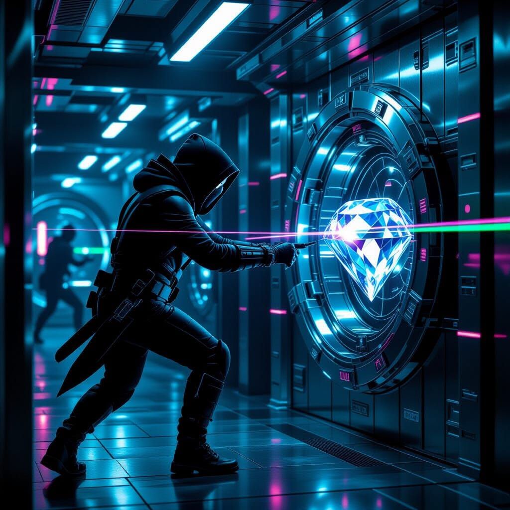 Thief Navigating Laser Grid in Cyberpunk Style