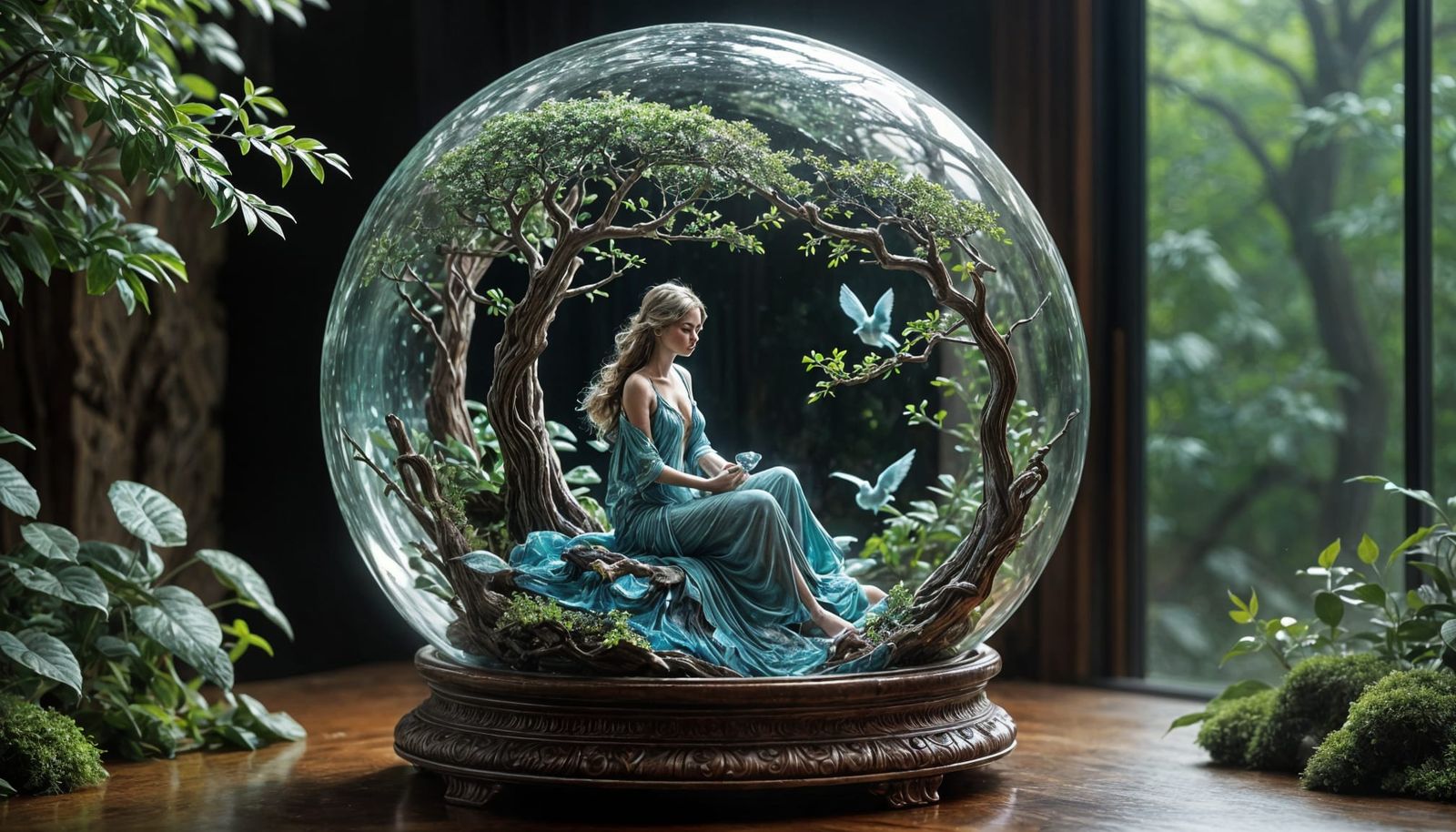 Hyperrealistic Sculpture: Woman in Orb with Birds