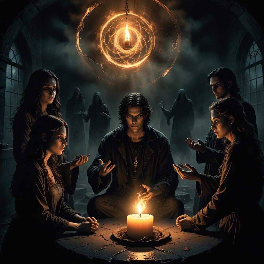 Teenagers Summon a Mysterious Entity in a Dark Fantasy Scene