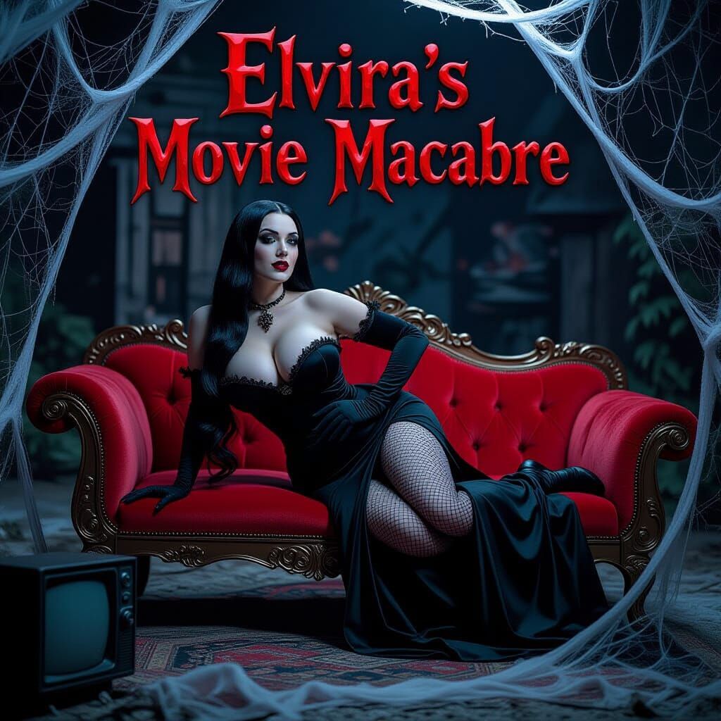 Gothic Woman Posing Sensually on Red Chaise Lounge