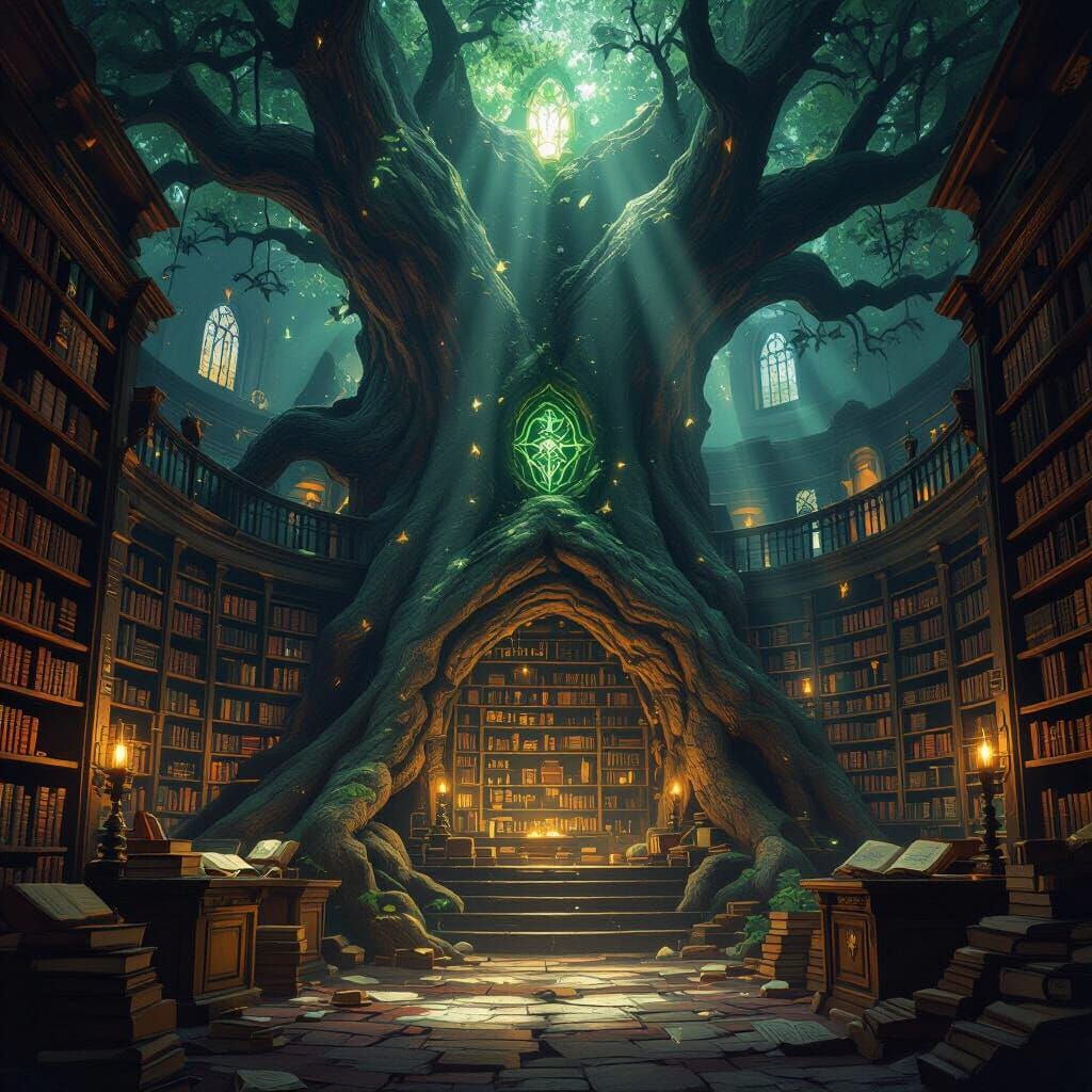Ancient Library Hidden Inside Giant Tree, Illuminated by Mag...