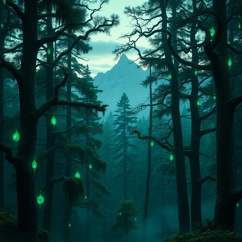 Mystical Emerald Fir Forest at Twilight