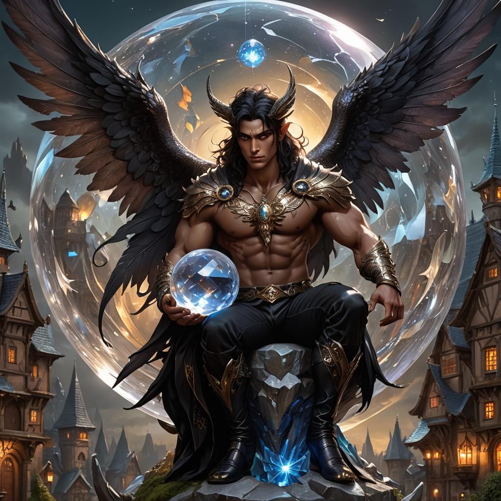 Dark Fae on Crystal Globe, Fantasy Art